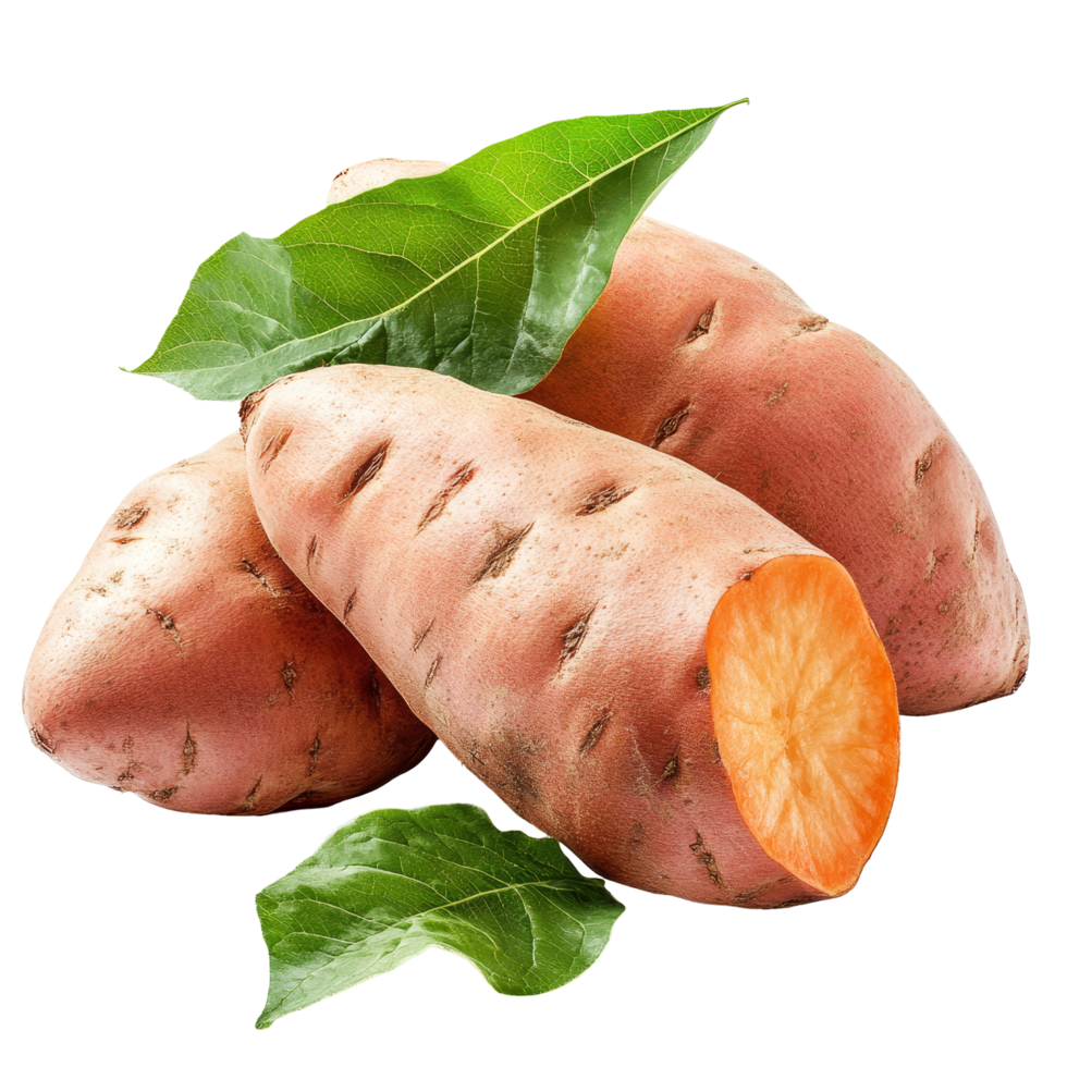 Fresh sweet yam potatoes with green leaves isolated on a transparent background for culinary use and nutrition, sweet yam potato with leaf isolated on transparent background png