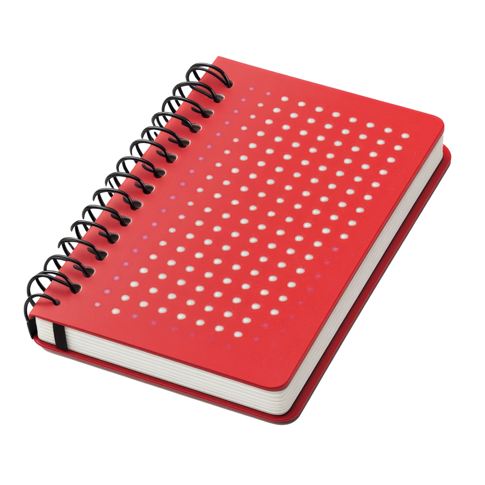 Bright red dotted notebook with a looped spine, perfect for jotting down ideas and notes at any time, The notebook has a dot point with a looped spine on transparent backgroundfile png