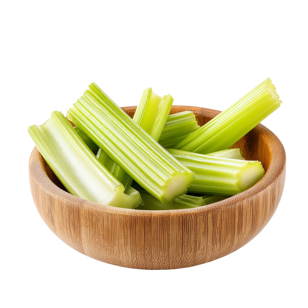 Freshly sliced celery sticks in a wooden bowl on a clean transparent background for healthy eating inspiration, slice celery in wood bowl isolated on transparent background png