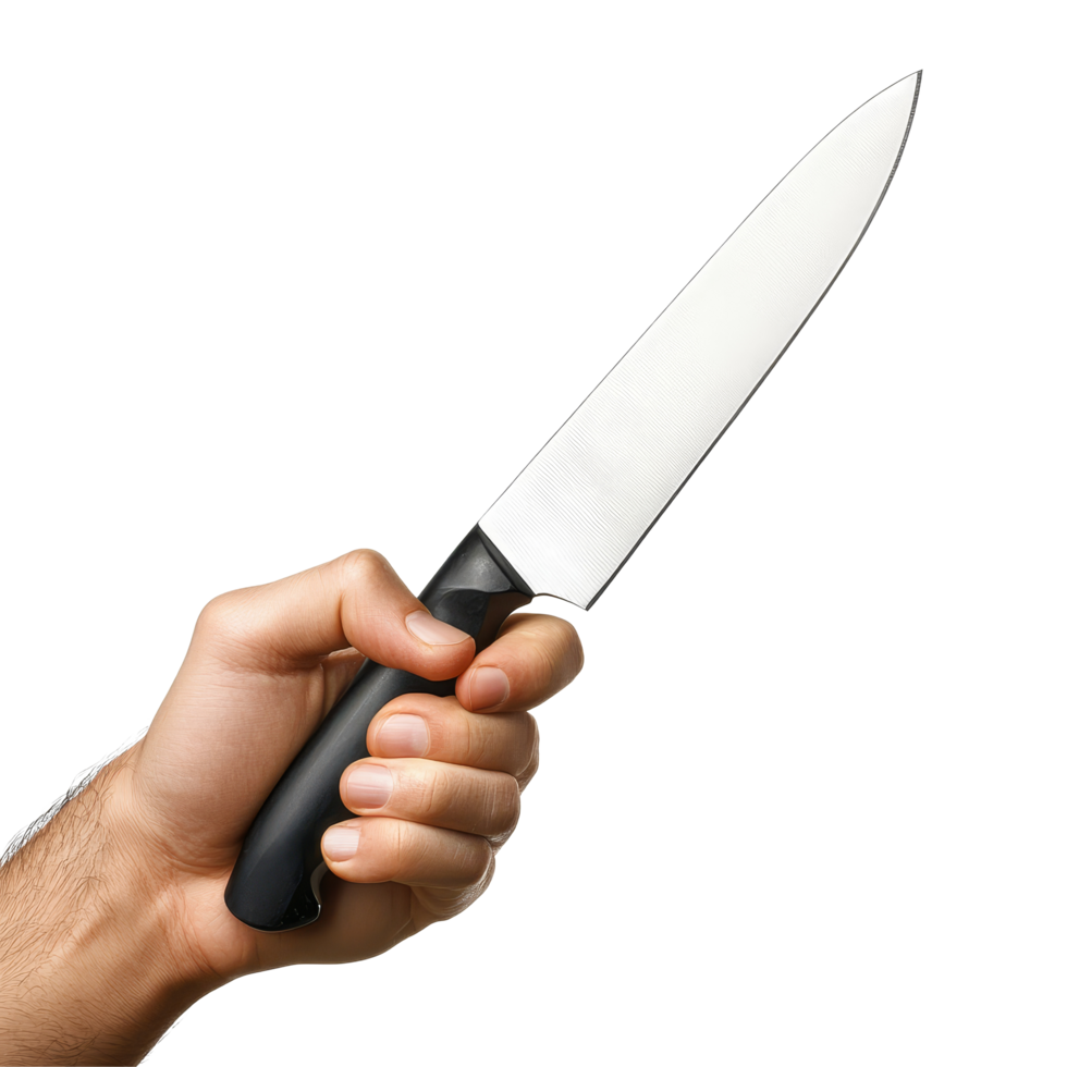 A persons hand firmly grips a kitchen knife against a plain transparent background showcasing essential culinary tools, Hand holding kitchen knife on transparent background png