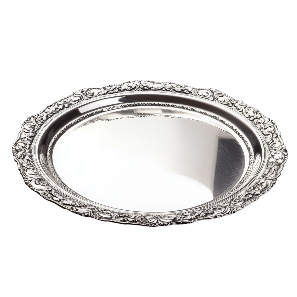 Elegant silver tray with ornate details isolated on a transparent background for decorative purposes and serving solutions, silver tray isolated on transparent background png