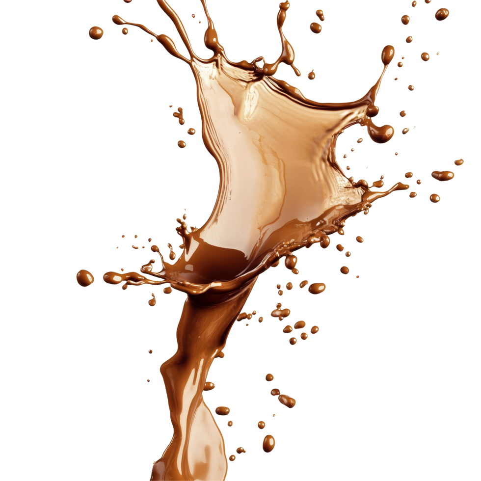 Dynamic coffee splash with splatters on a transparent background showcasing energy and movement in a vibrant design, coffee splash on transparent background png