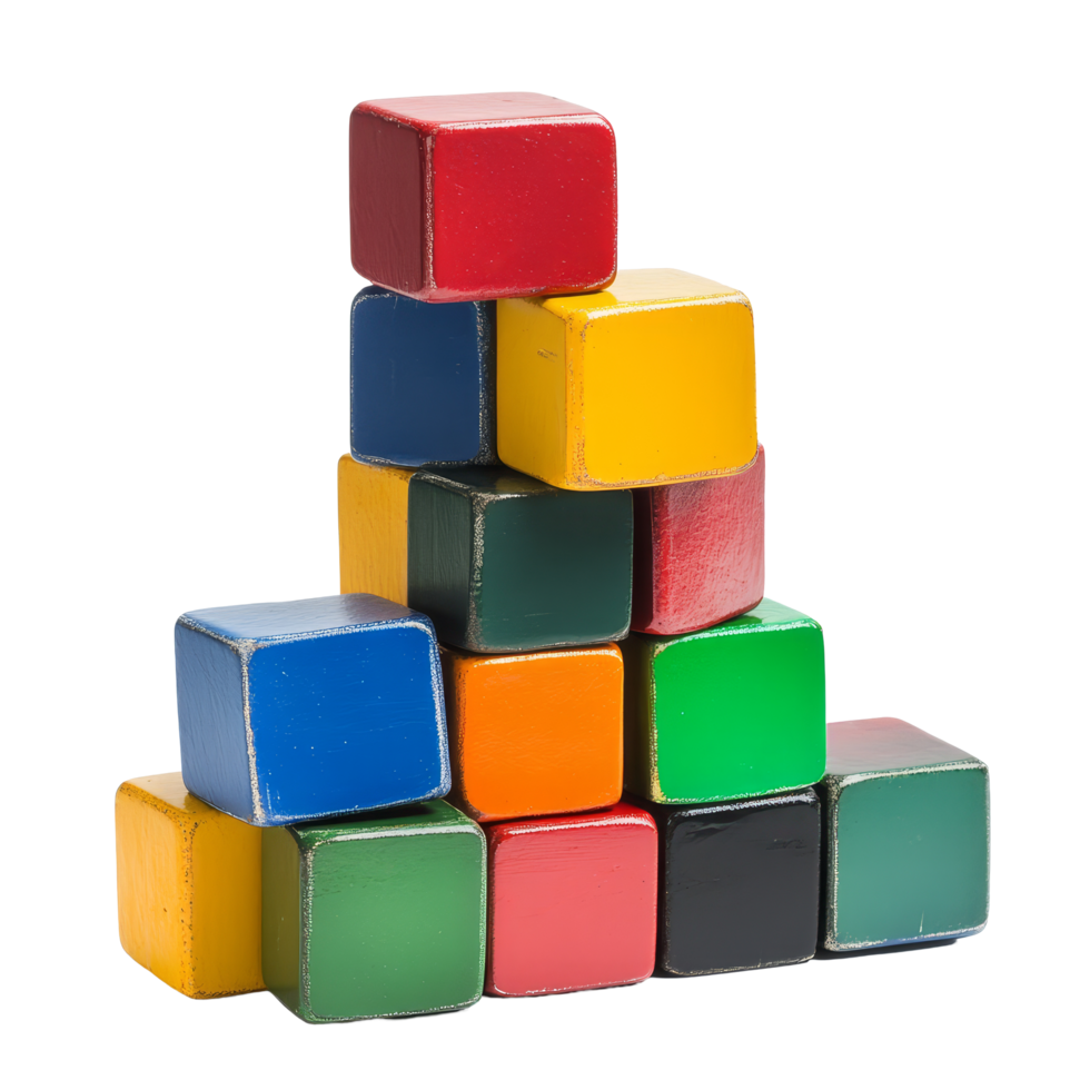 Colorful wooden cubes stacked creatively against a transparent background, showcasing a playful arrangement with various colors and shapes, Cheese cubes isolated png