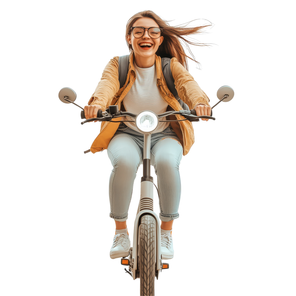 Happy student riding an ecofriendly bike outdoors while enjoying a sunny day and feeling free with excitement, file no background Happy student riding an ecofriendly scooter png
