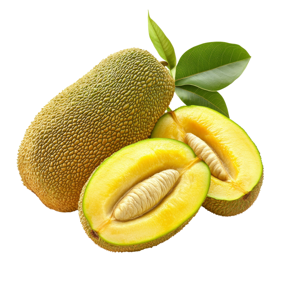 Fresh jackfruits displayed on a transparent background, showcasing their unique texture and vibrant yellow flesh, jack fruits on transparent background png