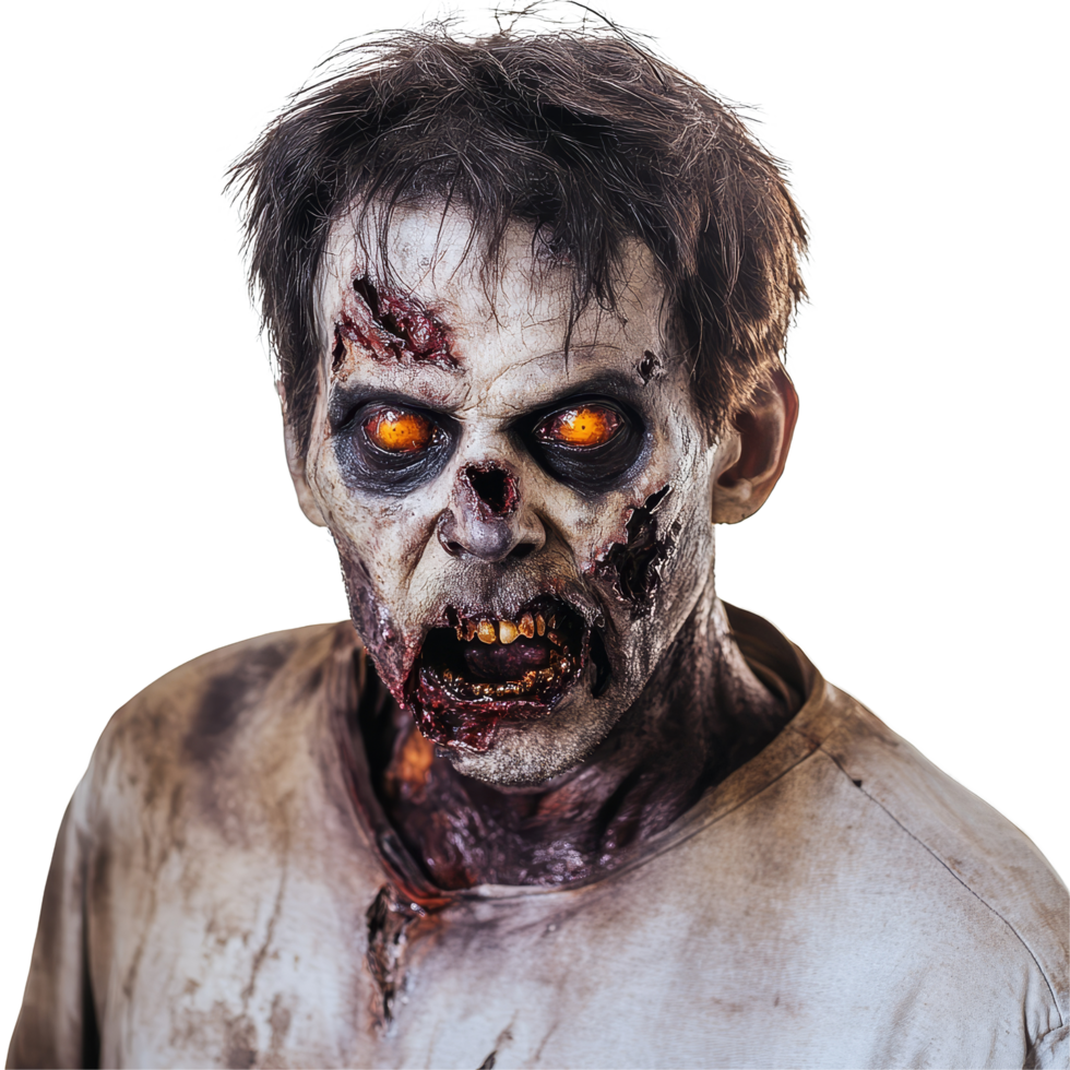 A terrifying zombie with eerie orange eyes confronts the viewer against a stark transparent background, Zombie facing the camera on transparent background png