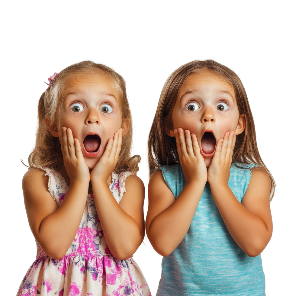 Two amazed young girls express joy and surprise together in a playful moment against a bright background, two amazed kids girls friends, file of isolated object on transparent background png