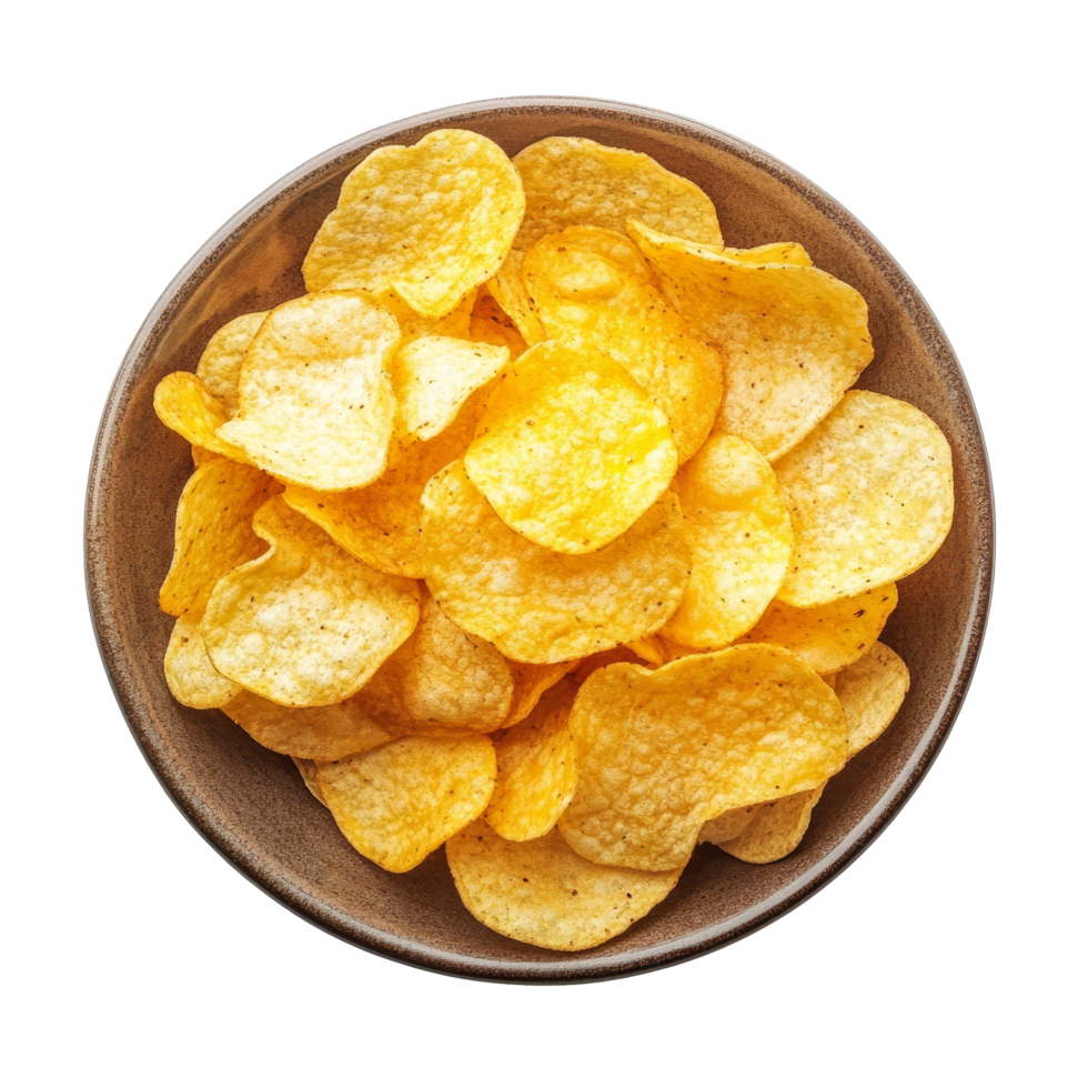 Freshly served potato chips on a brown plate against a clean transparent background ready for snacking at any time, Potato chips in a plate isolated on transparent background png