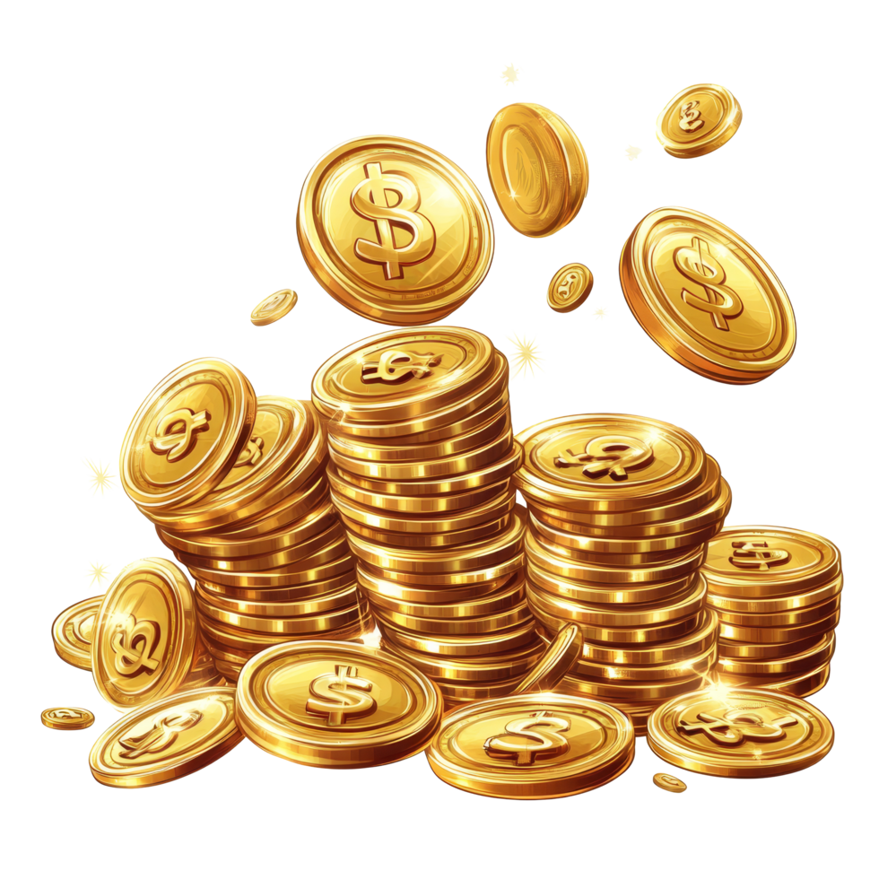 A giant pile of shiny gold coins with dollar signs, symbolizing wealth and prosperity in a financial context, Gold coins with money sign Stock Illustration png