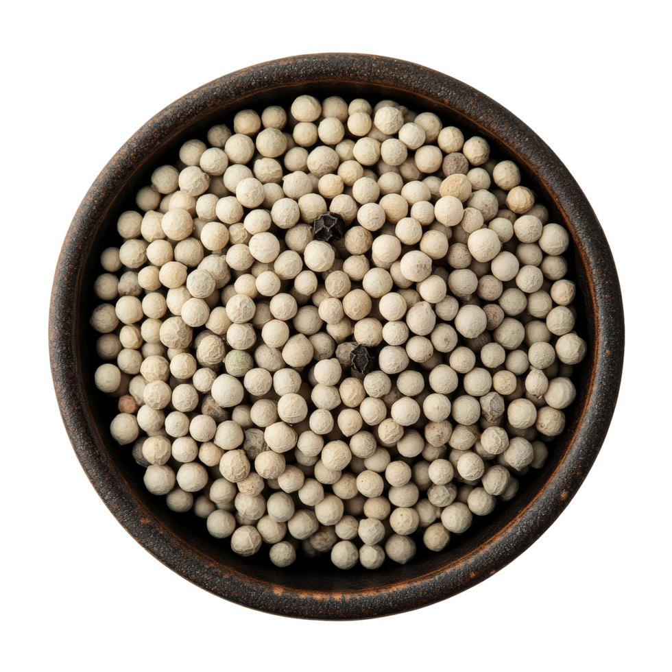Aerial view of a rustic bowl filled with transparent peppercorns on a light surface, Top view on bowl of transparent peppercorns png