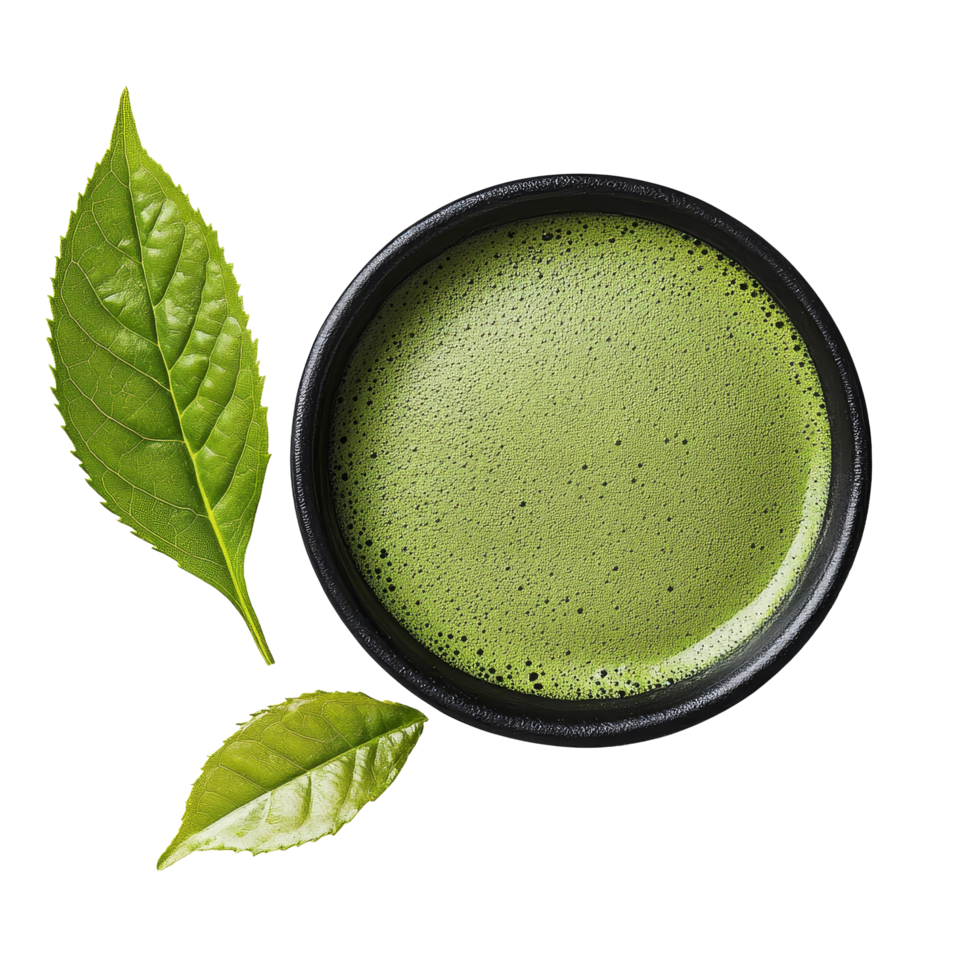 Enjoying a bowl of vibrant instant matcha green tea with fresh green leaves sitting beside it on a transparent background, instant matcha green tea in black bowl and leaf on transparent background png