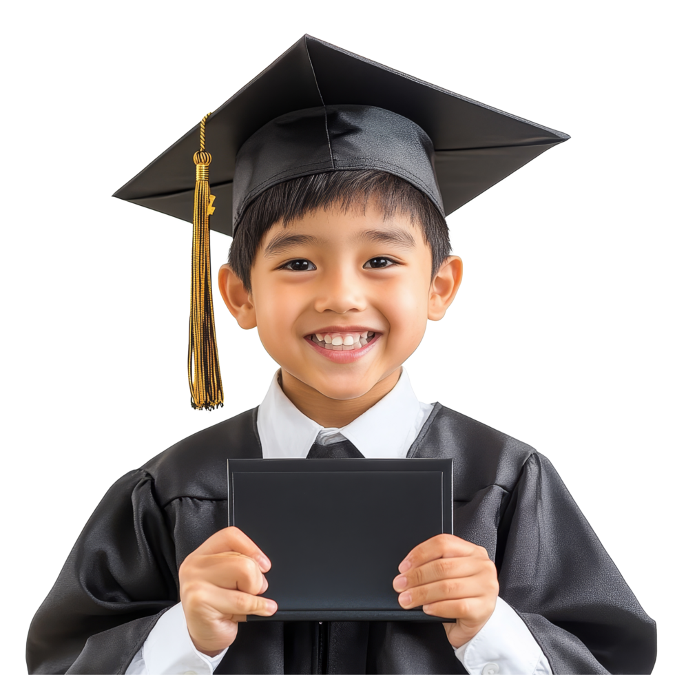 Happy Asian school child proudly holding his graduation certificate while wearing a cap and gown in celebration, Happy Asian school kid graduate holding graduation cap isolated transparent background png