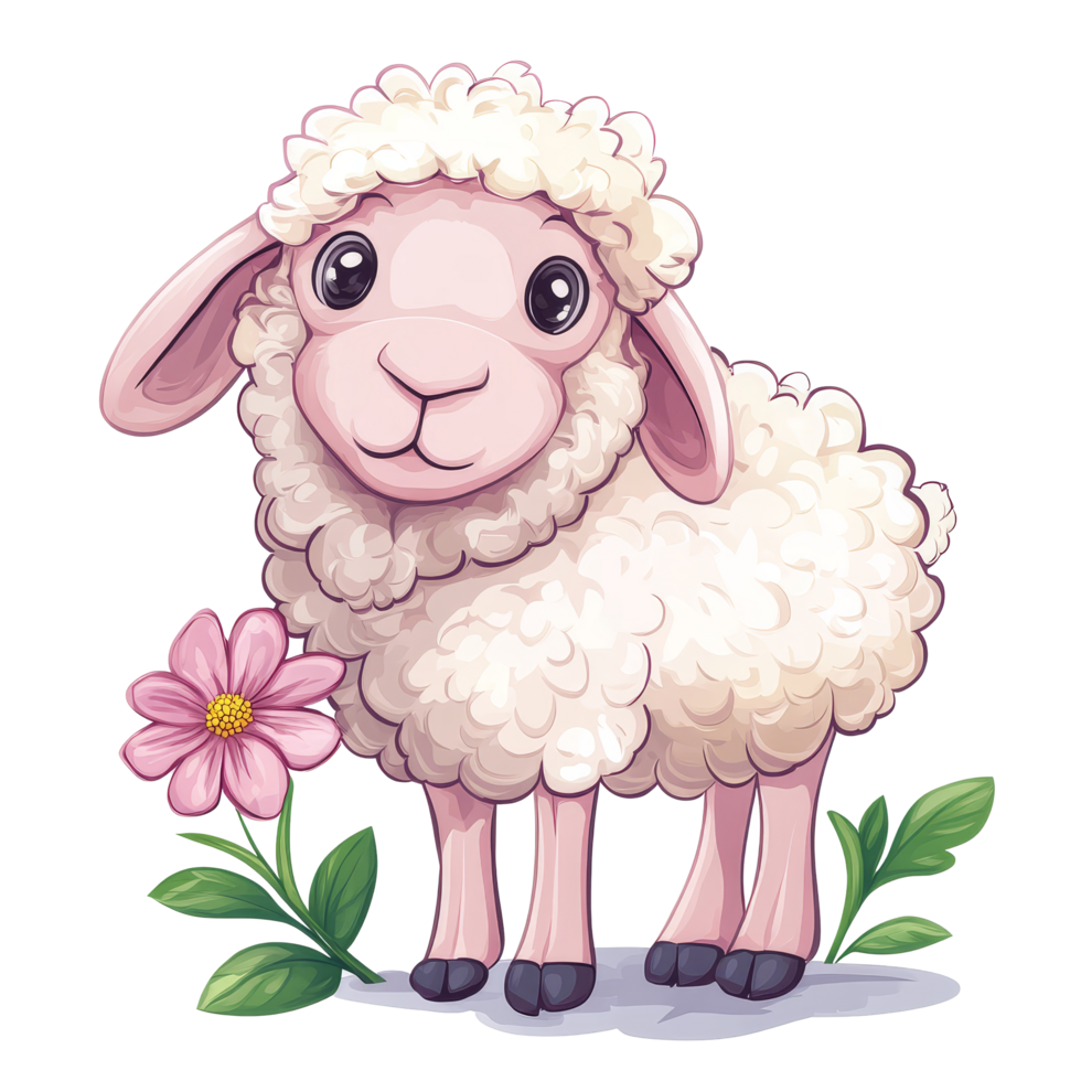 Cute clip art of a sheep standing next to a flower on a transparent background, ideal for illustrations or educational materials, clip art sheep and flower isolated on transparent background png