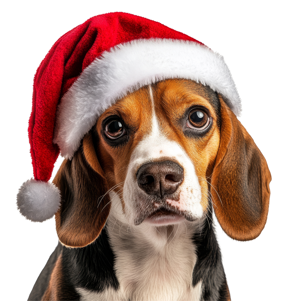 Adorable beagle dog wearing a festive Christmas hat on a transparent background for the holiday season, Beagle dog Wearing a Christmas Hat Isolated on transparent background png