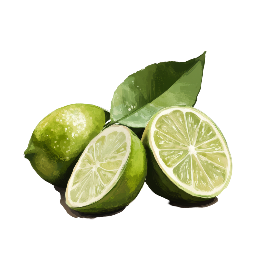 Freshly cut limes with a green leaf on a light background, perfect for enhancing culinary creations and cocktails, Fresh lime Stock Illustration png