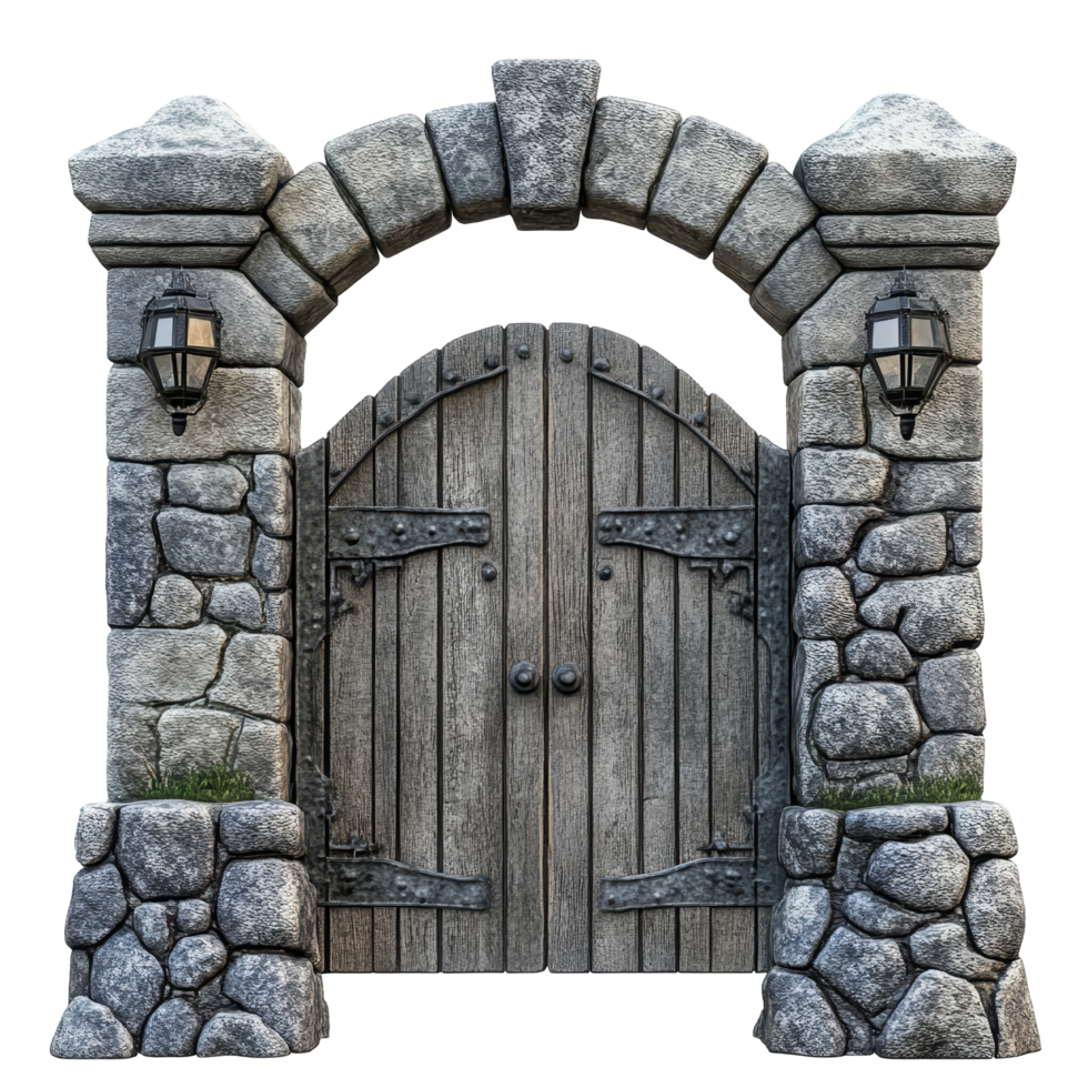 A beautifully crafted stone gate framed by elegant lanterns on a classic transparent background, Beautiful stone gate on a transparent background png