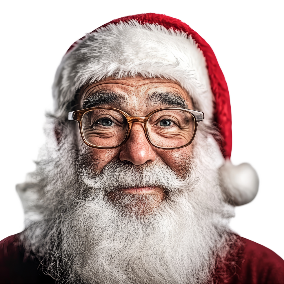 A whimsical portrait of a funky and funny Santa Claus with glasses against a bright background, portrait of funky crazy and funny santa claus on transparent background png