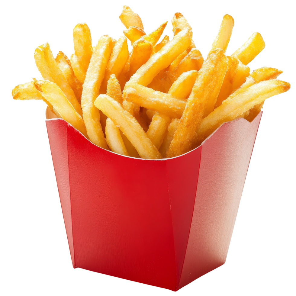 Crispy golden French fries served in a red carton against a clean transparent background, french fried on transparent backgroundfile png
