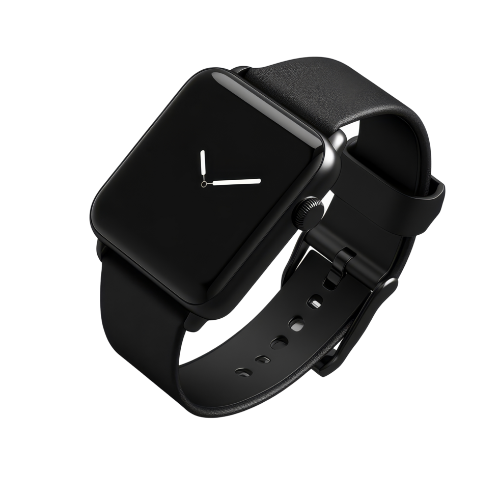 Highly detailed mockup of a sleek black wrist smartwatch design perfect for showcasing tech, wrist smart watch mockup with black strap, file of isolated object with shadow on transparent background png