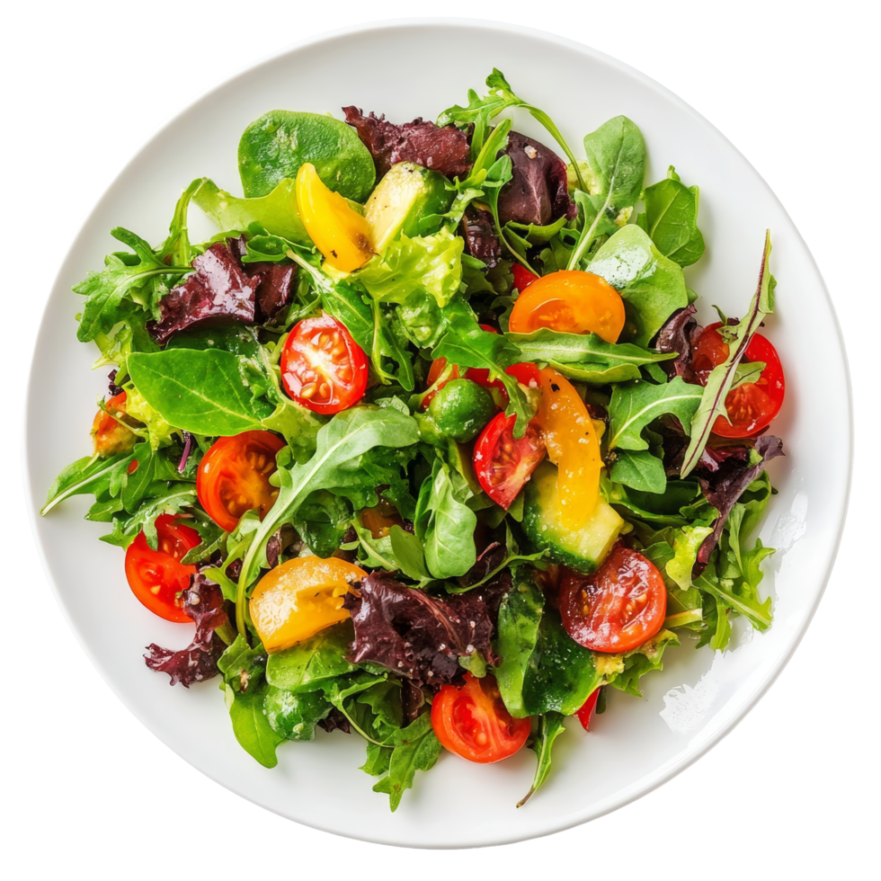 Fresh garden salad with mixed greens and cherry tomatoes on a transparent plate against a bright background, salad in plate isolated on transparent background png