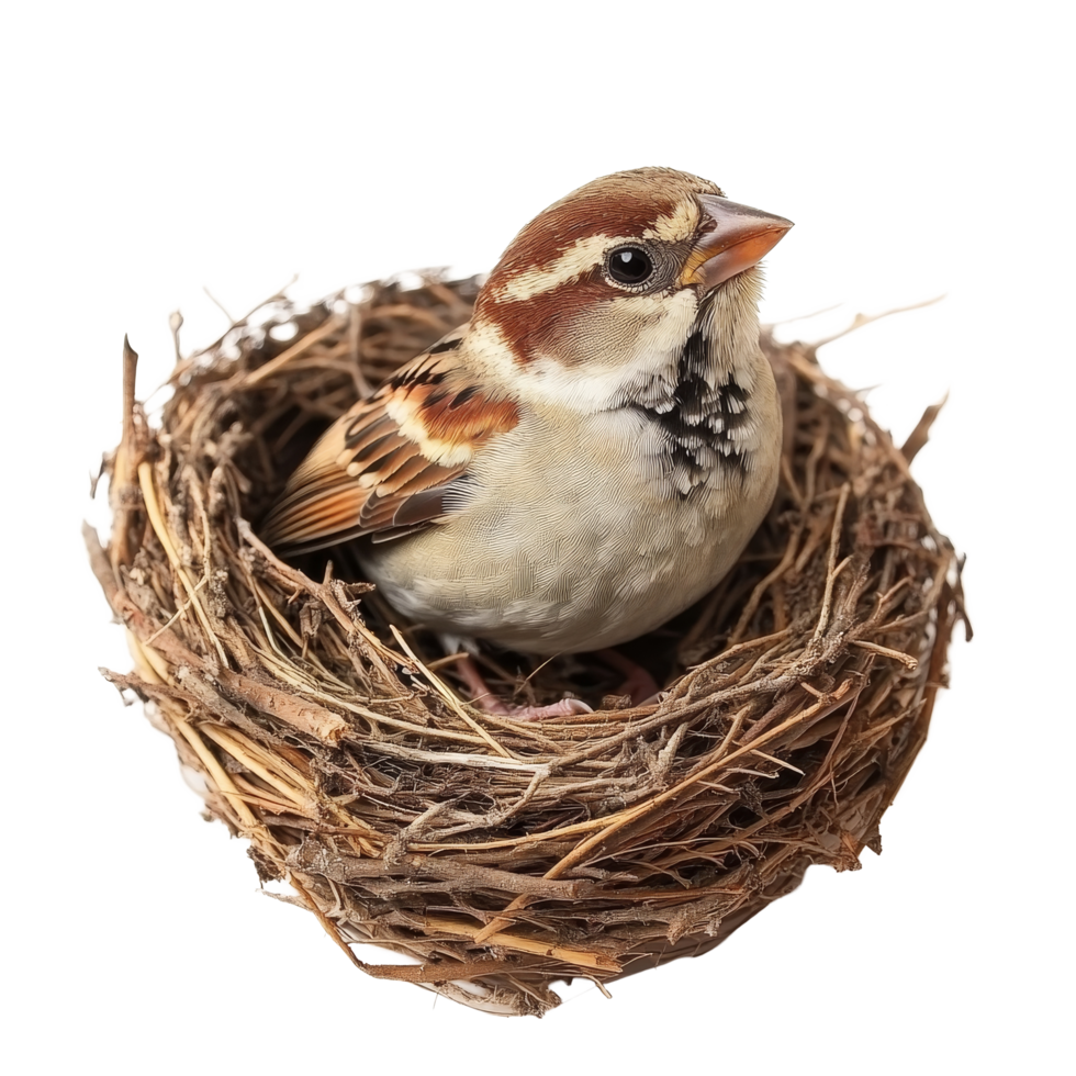 A beautiful sparrow perched in its cozy nest against a pristine transparent background, beautiful sparrow in its nest on transparent background png