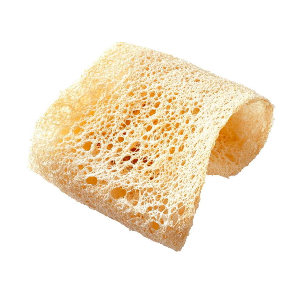Angled slice of natural loofah on a bright transparent background showcasing its unique textures, Angled loofah slice isolate on transparent background png
