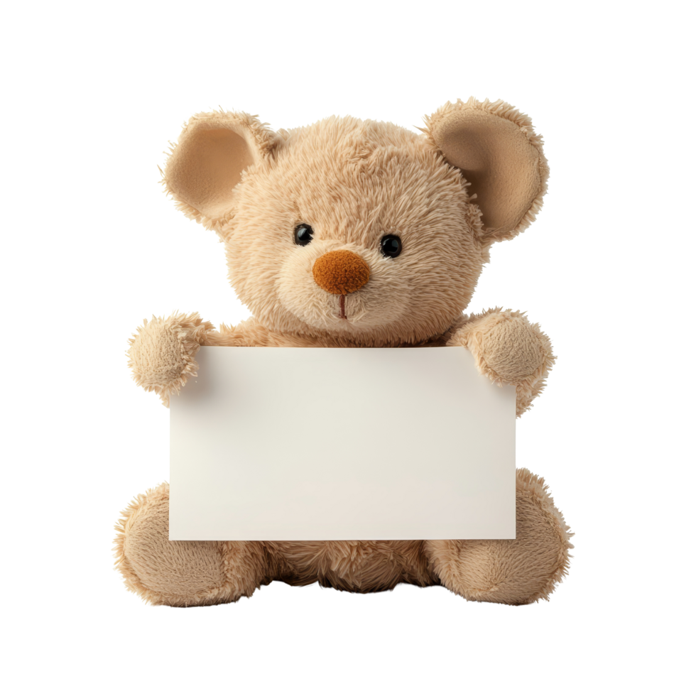 Cute brown teddy mouse holding blank paper on a transparent background for creative use, Brown Teddy Mouse with Blank Paper transparent background png