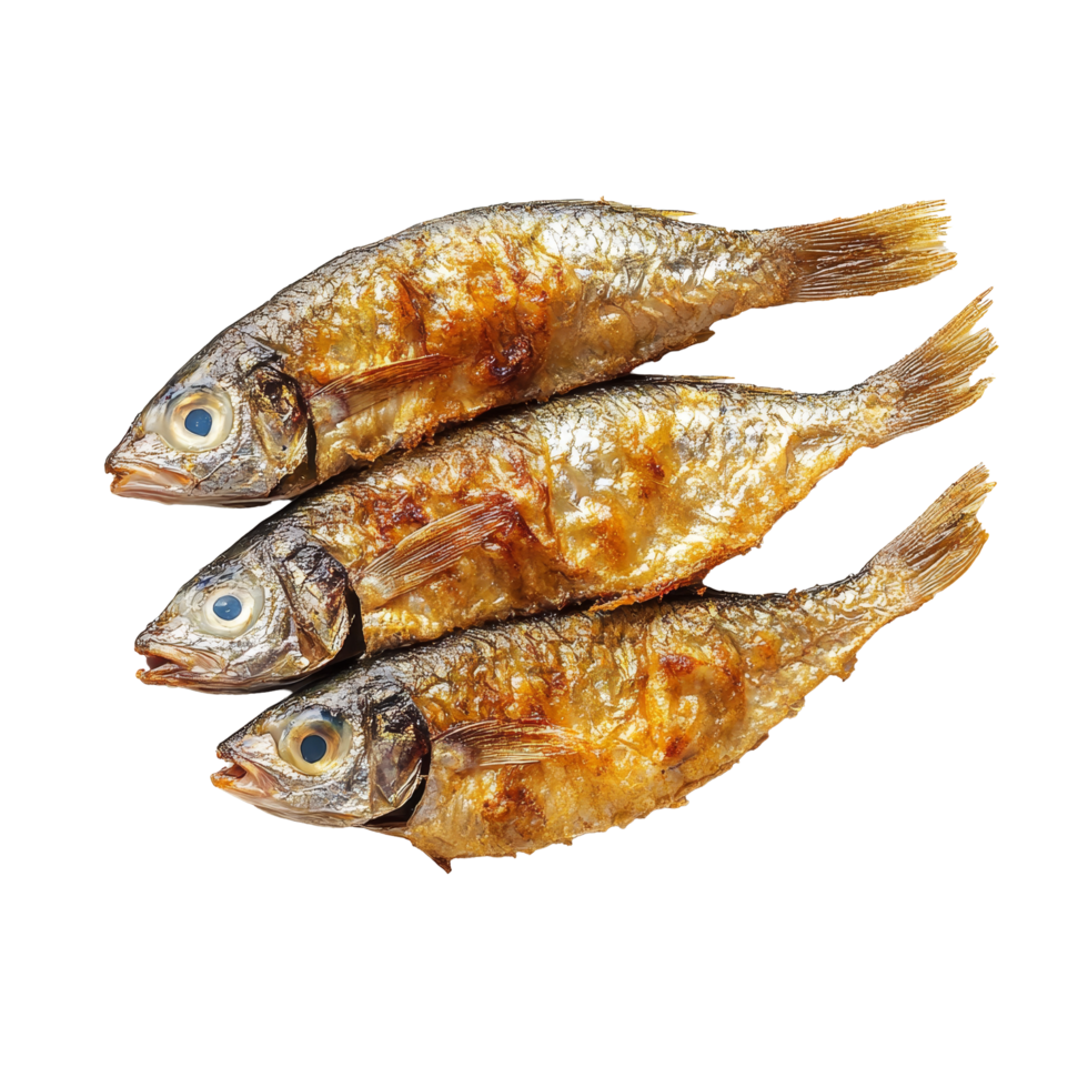 Freshly fried small fish served on a transparent plate, ready for a flavorful meal or snack, small fried fish in plate on transparent background png