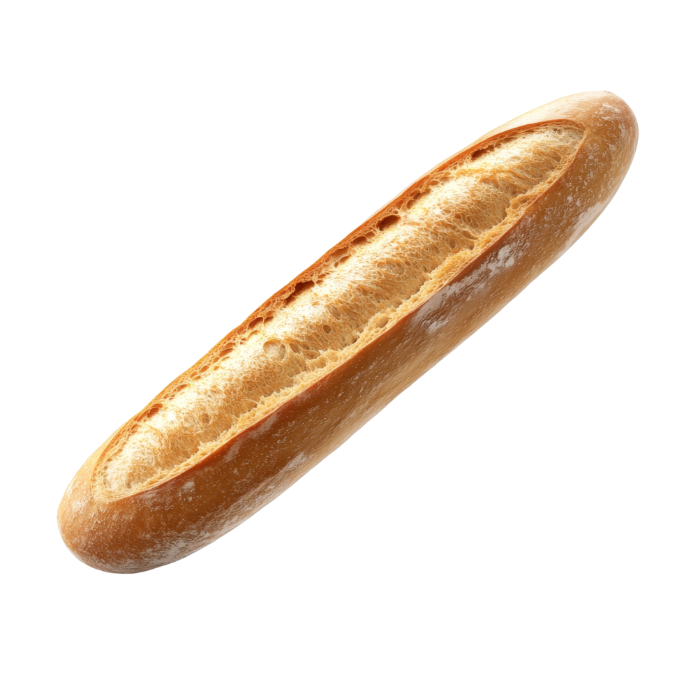 A freshly baked baguette floating against a soft transparent background in a minimalist setting, Baguette isolated png