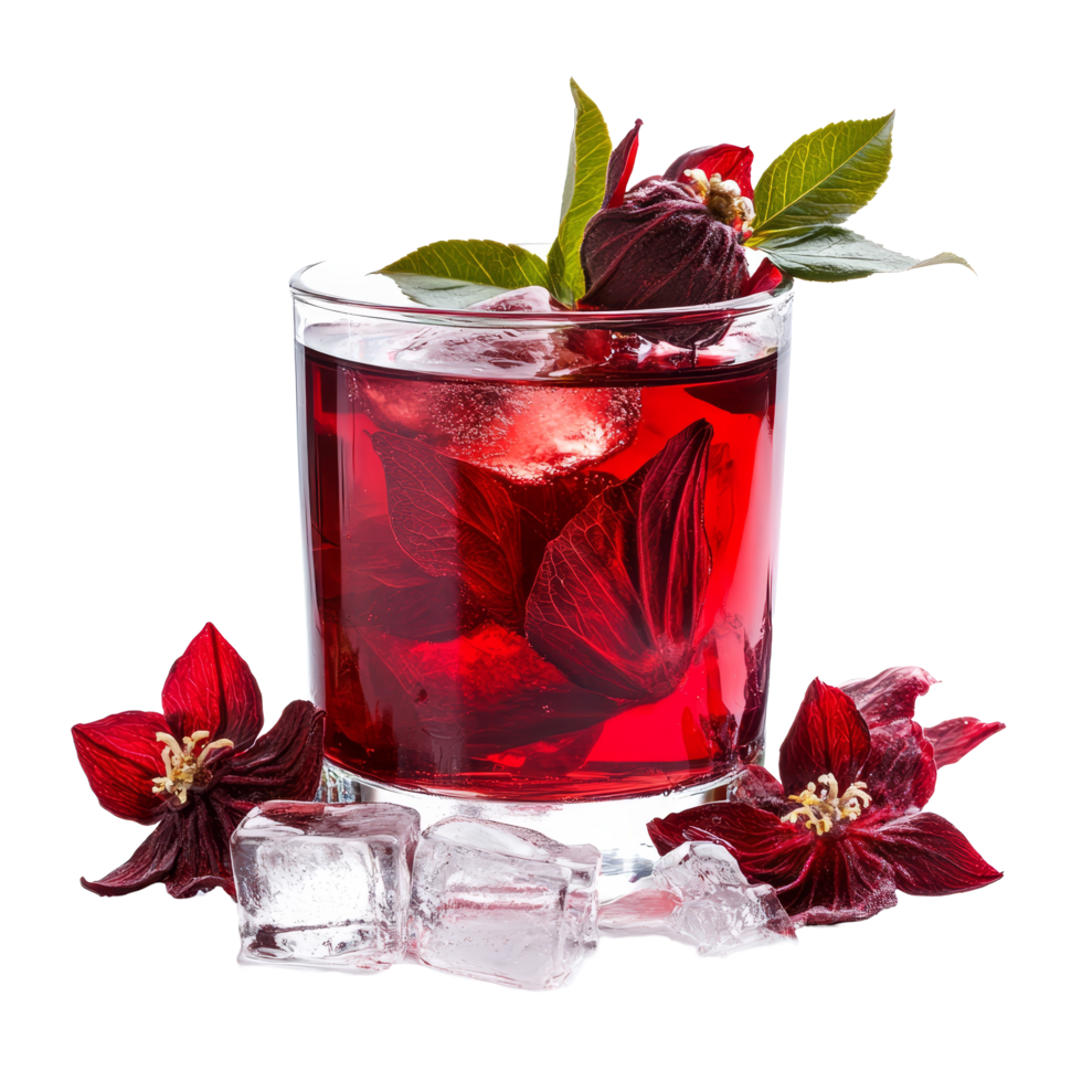 Refreshing roselle flower juice with ice served in a glass surrounded by flowers, roselle flower juice in glass with ice isolated on transparent background png