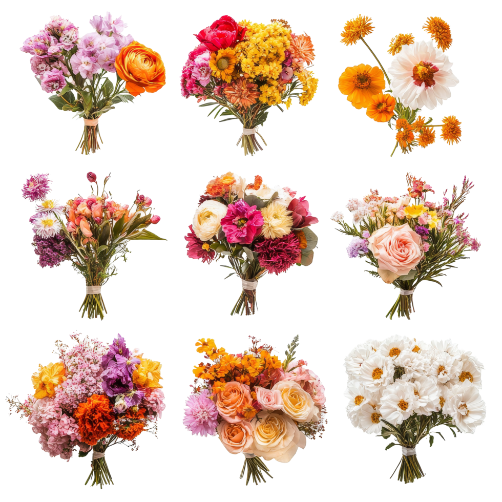 A beautiful collection of bridal bouquets featuring fall colors and vibrant blooms arranged artistically, bridal bouquet consists from fall and spring flower, isolated transparent background png