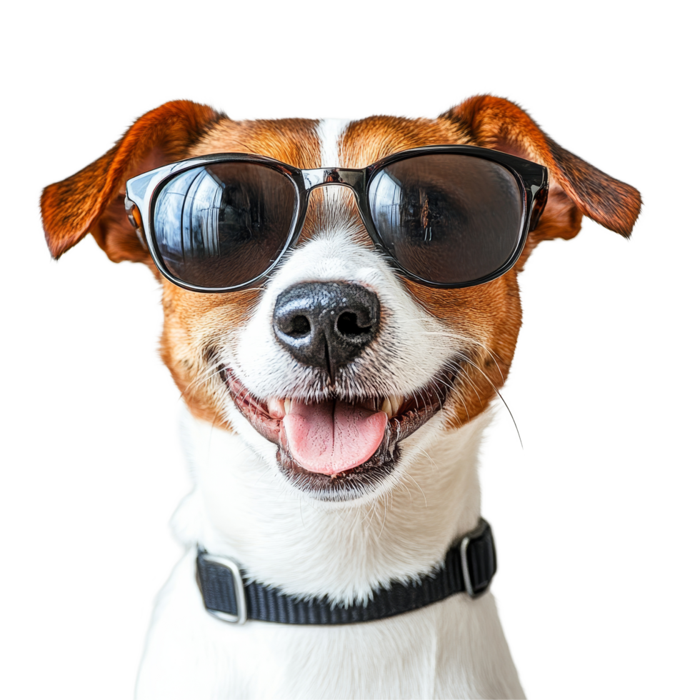 A cheerful dog sporting stylish sunglasses against a bright transparent background, exuding fun and happiness, Happy dog wearing sunglasses transparent background png