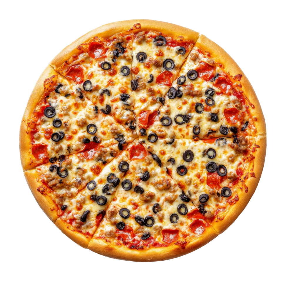 Delicious pepperoni and olive pizza perfectly sliced, isolated on a transparent background for a clean culinary presentation, pizza isolated on transparent background png