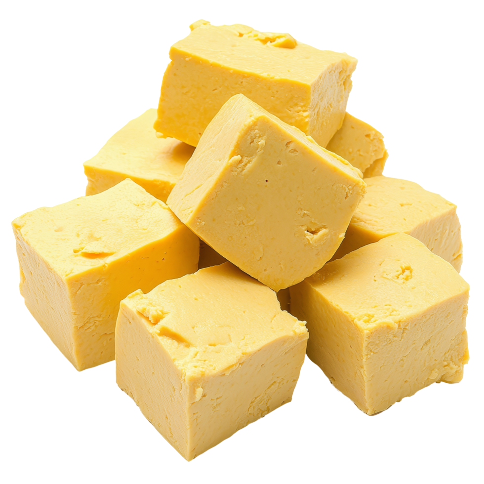 Yellow tofu stacked neatly on a transparent background highlighting its smooth texture and vibrant color, yellow tofu on transparent background png