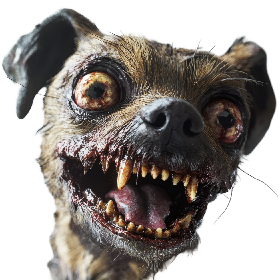 A scary zombie dog with grotesque features and fierce expression isolated on a plain transparent background, Scary zombie dog on transparent background png
