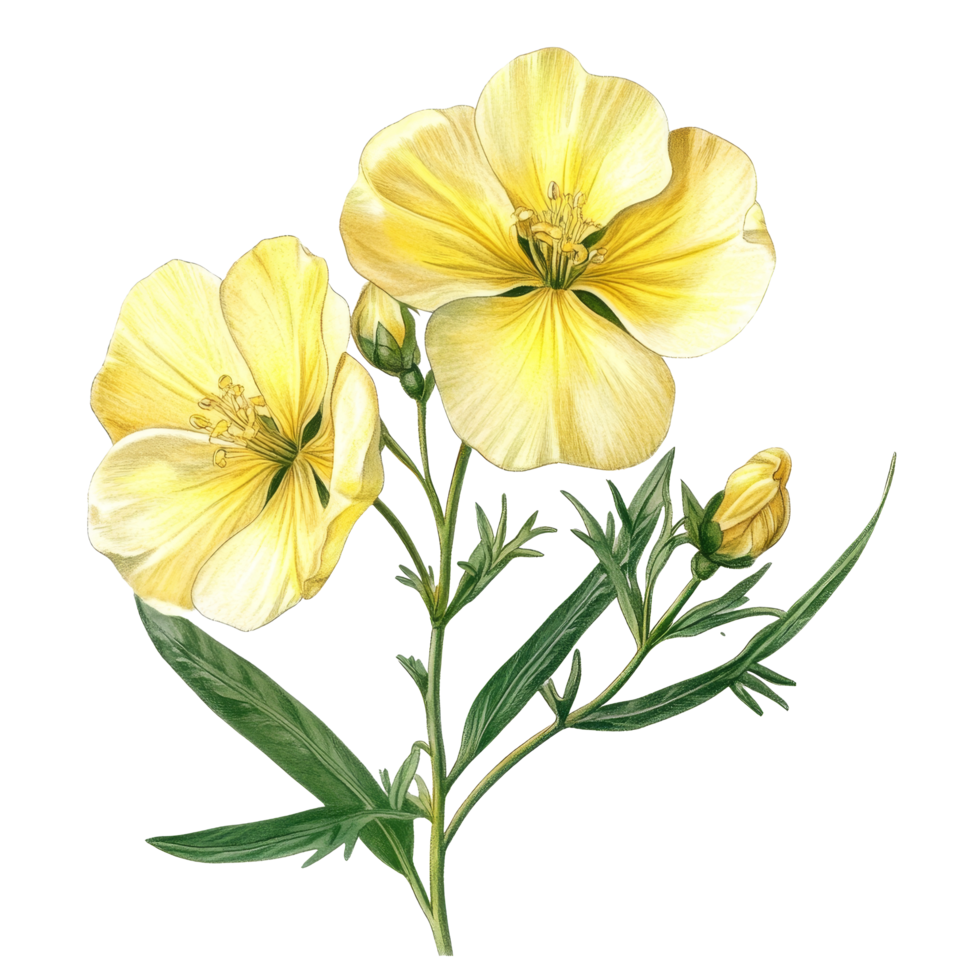Evening primrose flowers in yellow with intricate details showcasing natural beauty on a transparent background, evening primrose flowers isolated on transparent background png