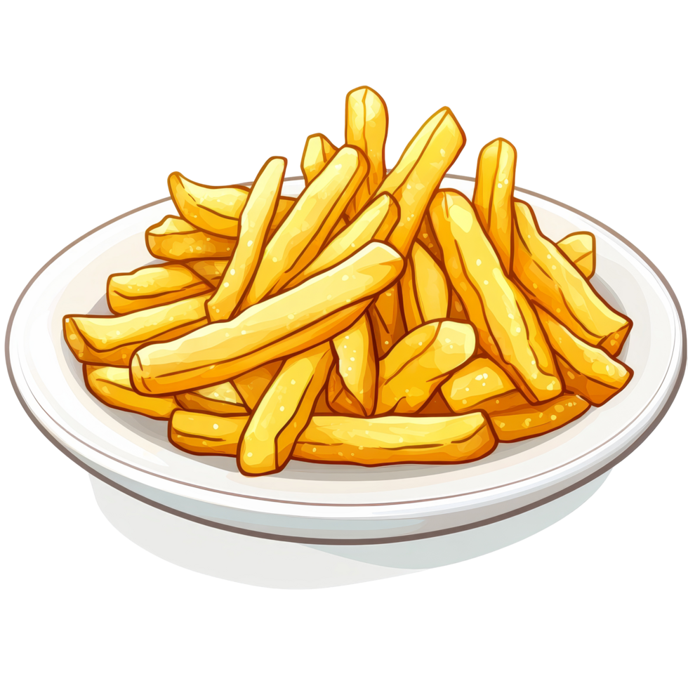 A generous serving of crispy French fries on a transparent plate against a clean background, frenchfries in plate on transparent background png