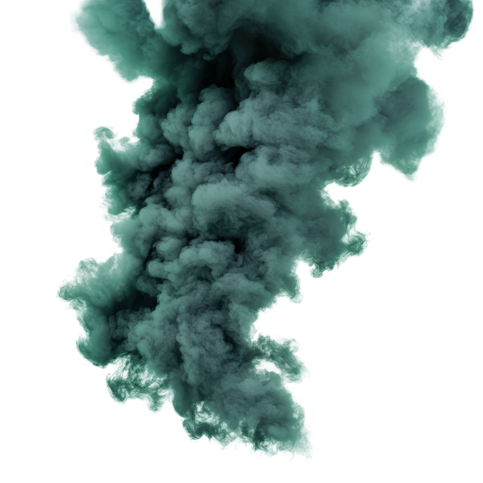 Dense dark green smoke cloud rising against a stark transparent background, creating a striking visual contrast, dark green smoke cloud isolated on transparent background png