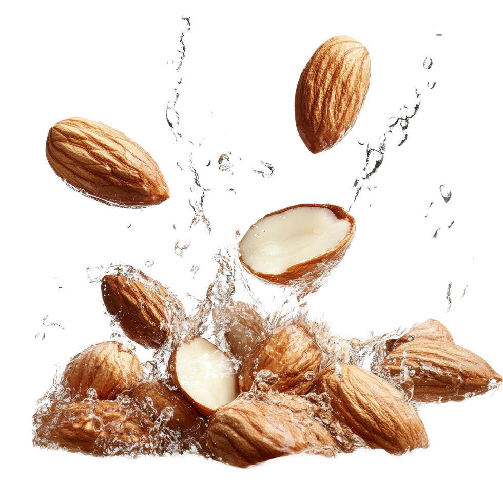 Almonds splashing into water against a bright transparent background for a dynamic food presentation, Group of almonds splashing over transparent background png