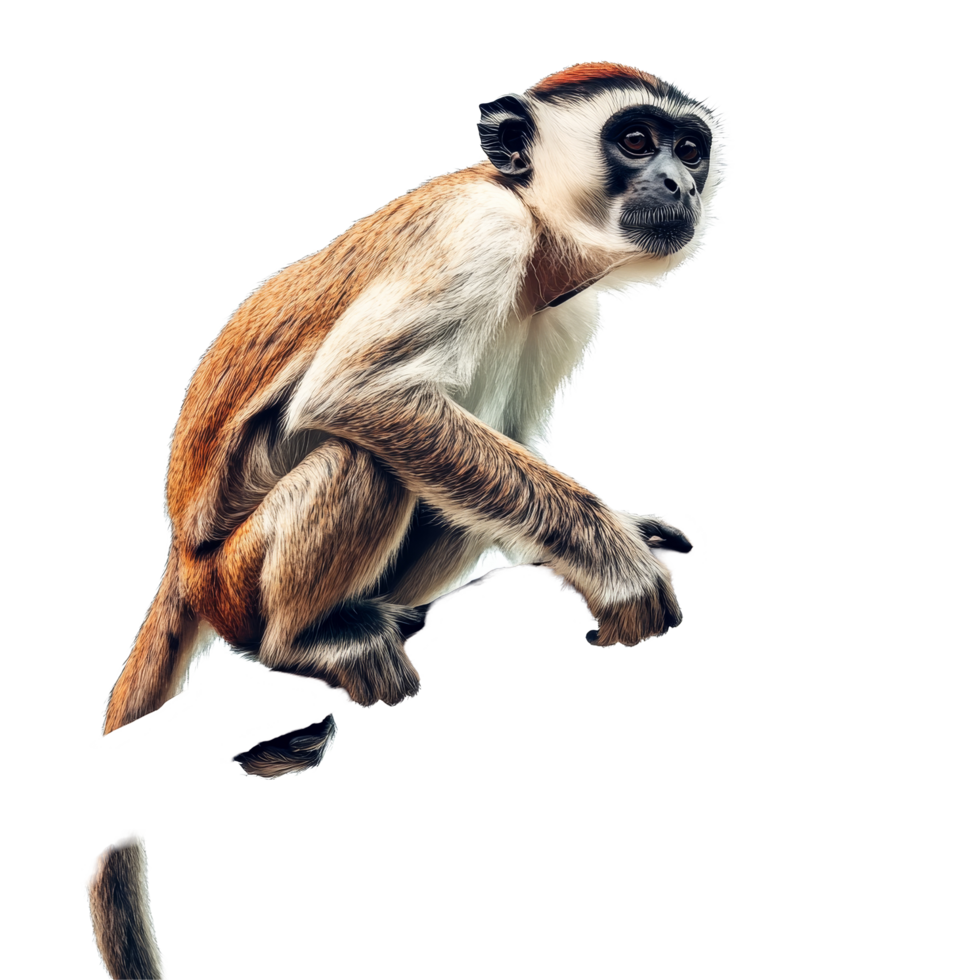 Monkey perched on a branch against a plain transparent background showcasing its curious expression, Monkey on a branch isolated transparent backgroundIA generative png