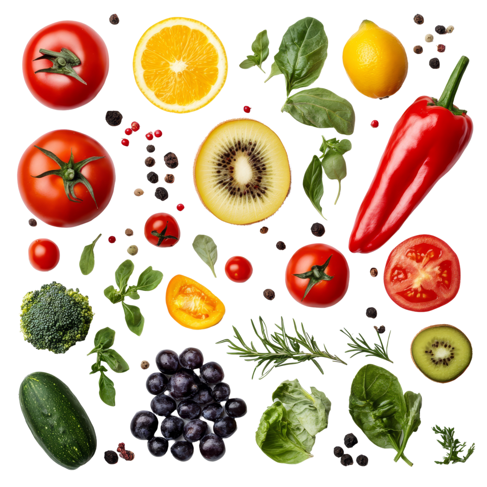 A colorful arrangement of fresh vegetables and fruits on a clean transparent background showcasing natures bounty, vegetables and fruits on transparent background png