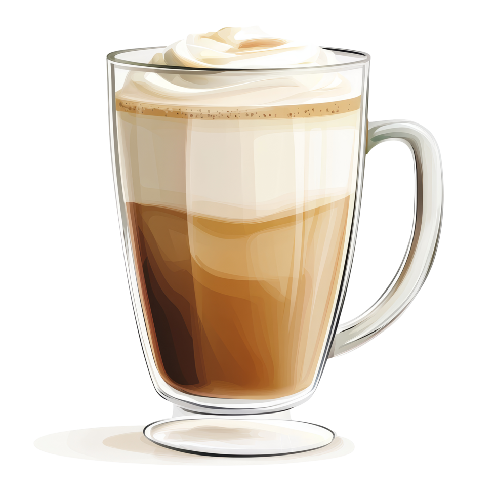 Enjoying a warm latte coffee macchiato in a clear glass mug during a cozy afternoon break, glass mug of latte coffee macchiato png