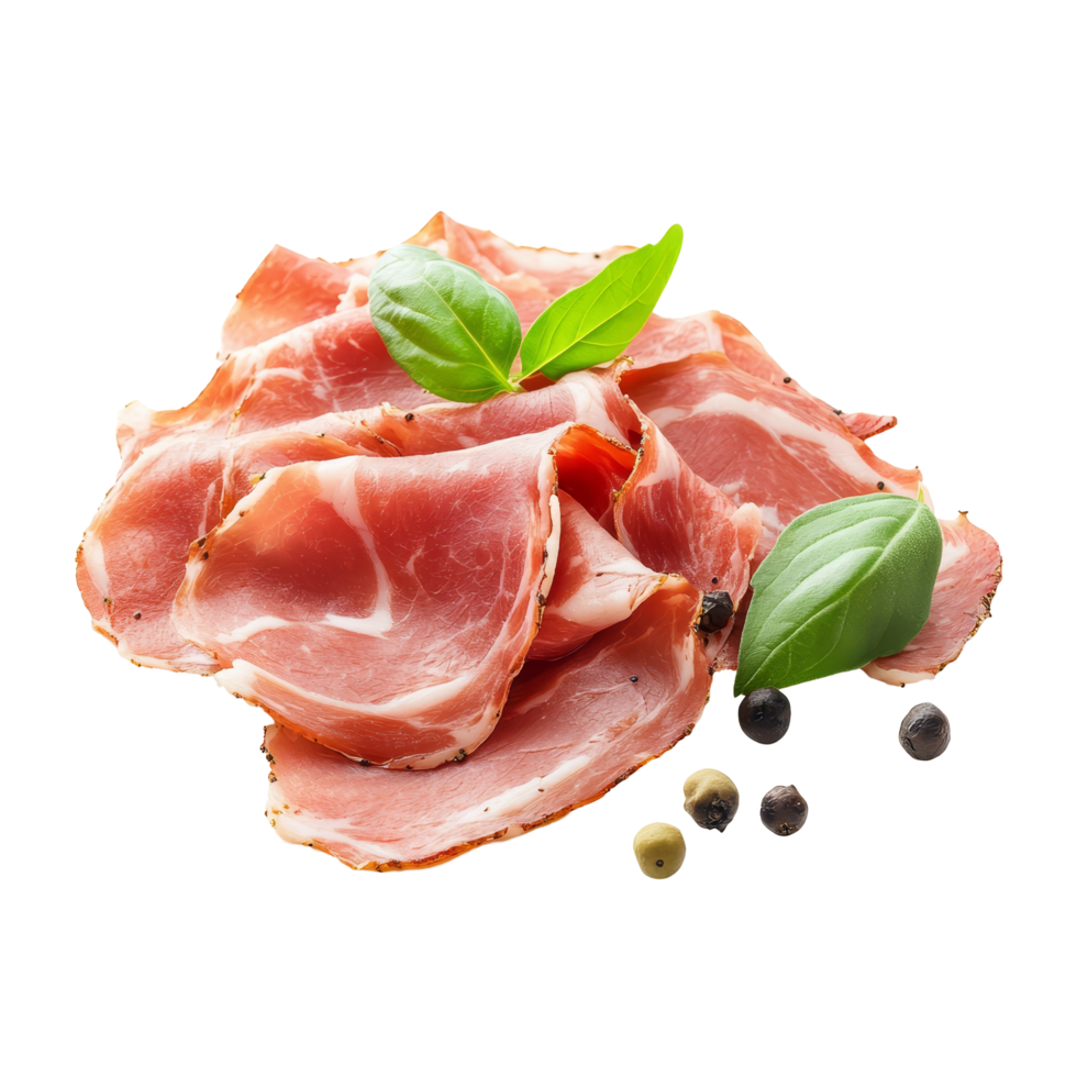 Italian raw speck meat slices with fresh basil and peppercorns on a transparent background, italien raw speck meat isolated on transparent background png