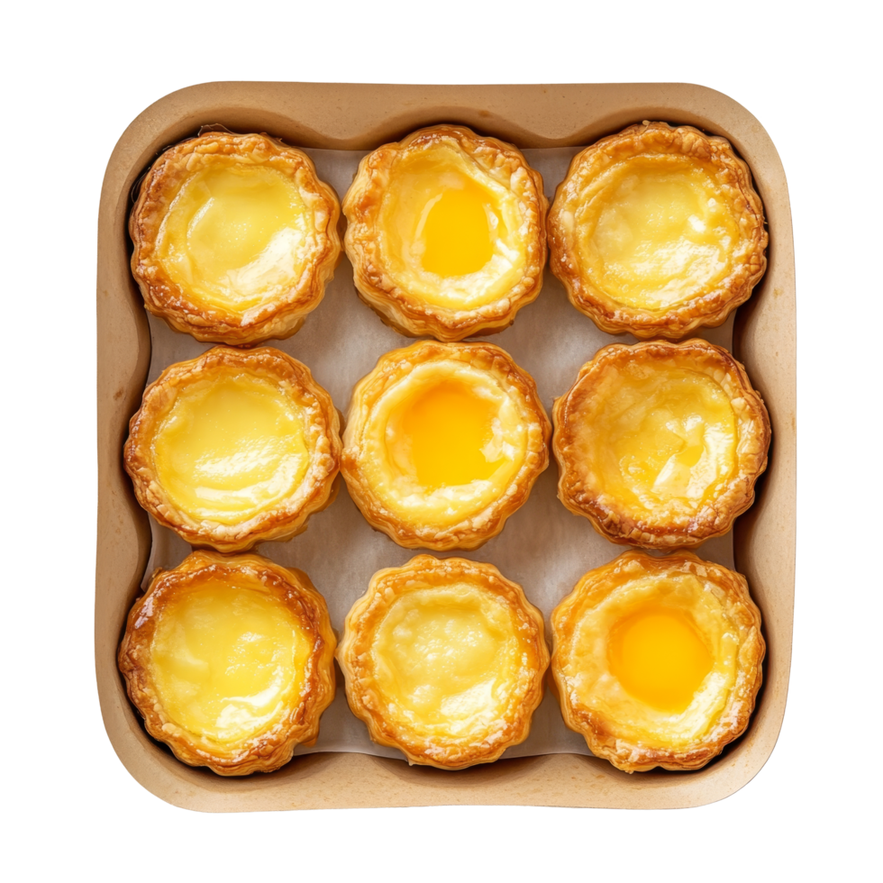 Delicious homemade egg tarts arranged neatly in a paper tray on a bright transparent background, Egg tarts in a paper tray on transparent backgroundfile png