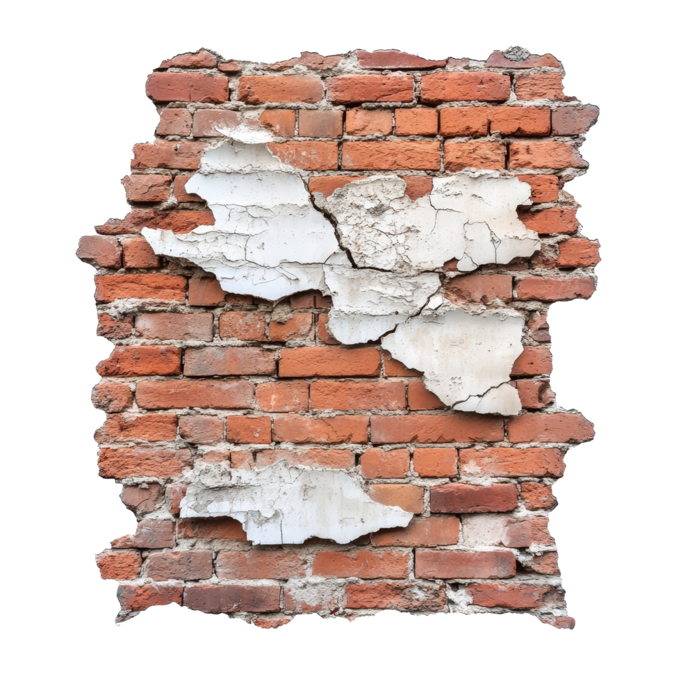 Weathered red brick wall with cracks and peeling plaster revealing layers of history and age under soft light, Ruined, collapsed, cracked, or broken weathered red brick wall transparent background png
