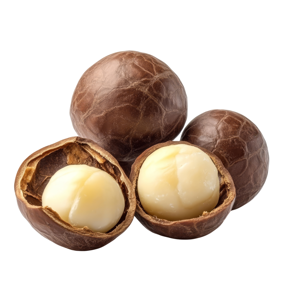 Macadamia nut seeds on a transparent background showcasing their creamy interior and hard outer shell, Macadamia nut seeds isolated on transparent background png