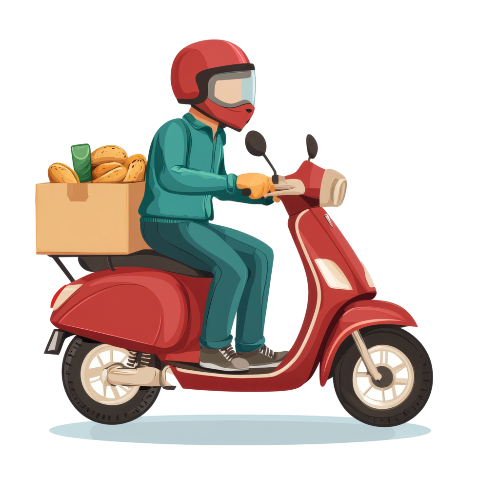 Food delivery rider on a scooter transporting fresh groceries in a busy urban area during the day, food delivery in scooter on transparent background png