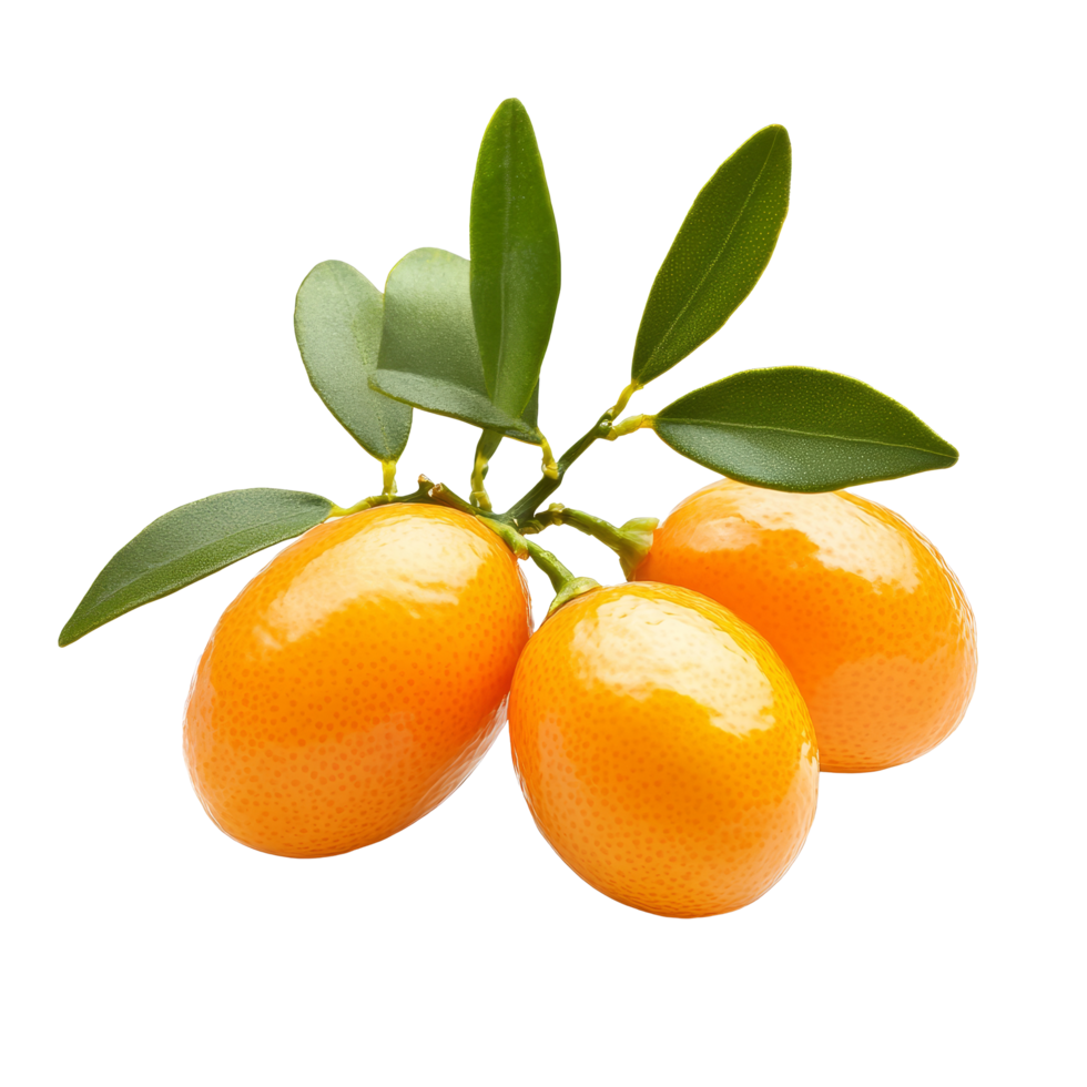 Fresh orange kumquats with green leaves on a transparent background highlighting their vibrant color and texture, Orange kumquat isolated on transparent background png