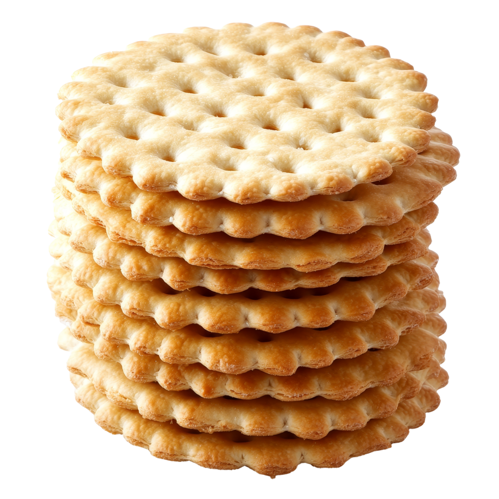 Freshly stacked round crackers displayed against a clean transparent background, perfect for snacks or appetizers, stack round cracker isolated on transparent backgroundfile png