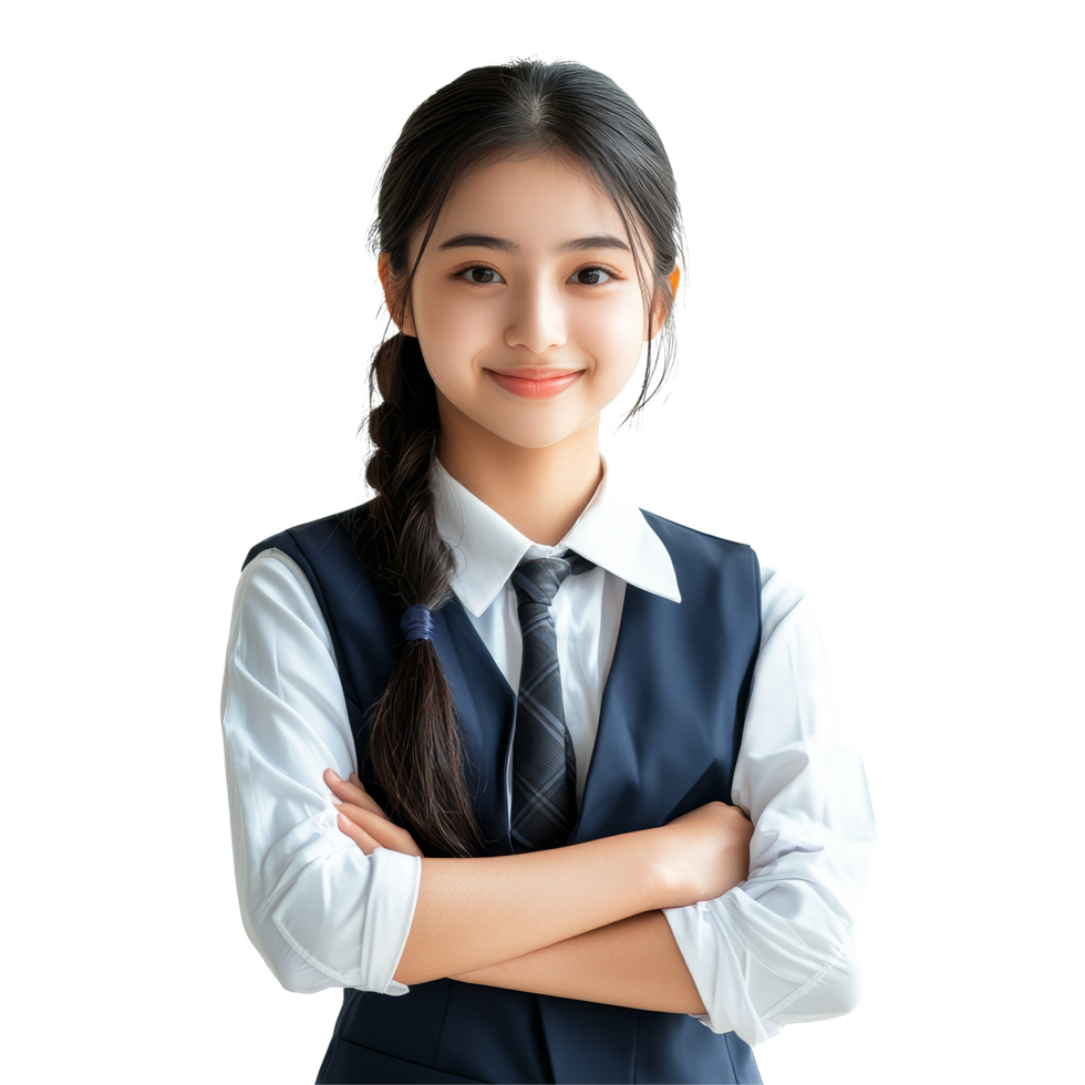 Happy Asian student girl wearing a school uniform with arms crossed, smiling confidently, Happy braces Asian student girl in school uniform arm crossed png